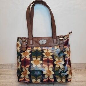 FOSSIL Key-Per Coated Canvas Brown Leather Trim Floral Tote Handbag Boho Retro